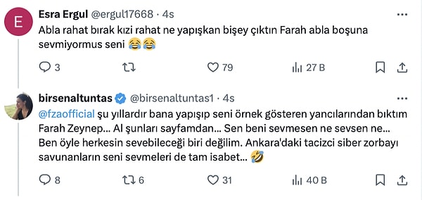 Gönderme yapıp bahsettiği kişinin Farah Zeynep Abdullah olduğu sosyal medya kullanıcıları tarafından anlaşılınca tepki çekti. Bir kullanıcının "abla rahat biraz ne yapışkan bir şey çıktın" isyanını gören Farah Zeynep Abdullah da konuya dahil olmadan edemedi.