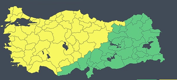 Meteorolojinin haritasında adeta tüm kentler sarıya boyandı. Hava durumunun 'potansiyel tehlikeli' olduğunu belirten sarı kod uyarısı verilen iller şöyle: