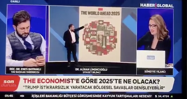 Haber Global ekranlarında canlı yayına katılan Marmara Üniversitesi Öğretim Üyesi Dr. Alihan Limoncuoğlu'nun The Economist'in kehanetler belirten 2025 kapağına yorumu sosyal medyada gündem oldu.