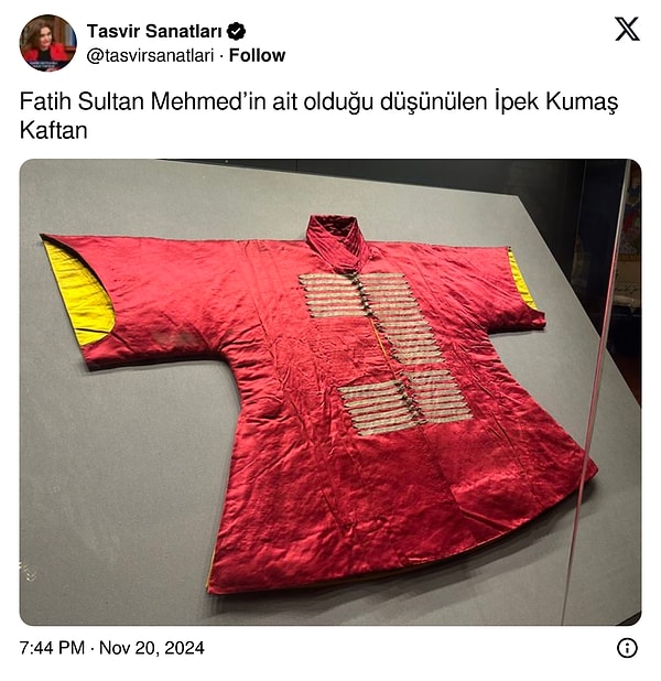 İpek kumaştan yapıldığı belirtilen kaftan şu şekilde;