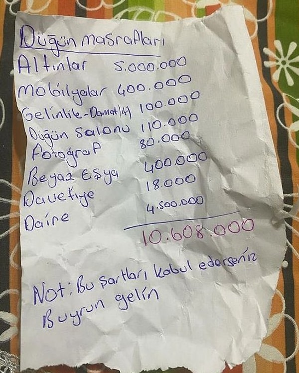 Toplamda 10 milyon 608 bin TL tutan istekler listesinin sonuna ''Bu şartları kabul ederseniz, buyurun gelin'' notu yazıldı👇