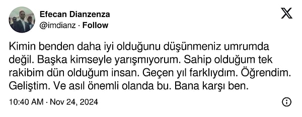 Yaptığı paylaşımda "Tek rakibim dün olduğum insan" diyen Efecan, hakkındaki iddiaları böylece güçlendirmiş oldu.