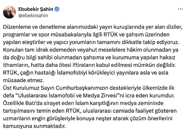 "RTÜK, çağın hastalığı İslamofobiyi körükleyici yayınlara asla ve asla müsaade etmez." diyen RTÜK Başkanı, açıklamasının devamında şu ifadelere yer verdi.