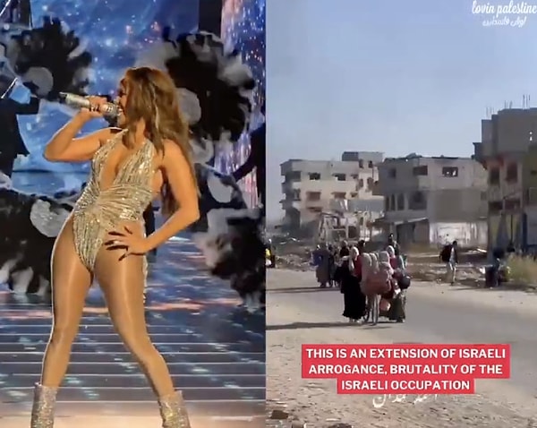 In another video comparison, contrasting visuals highlighted the event’s extravagance with hardships in Palestine.