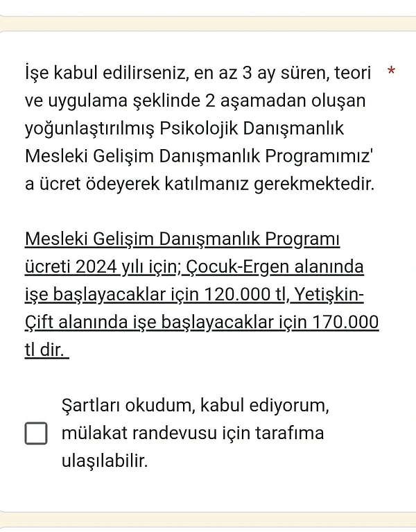 Bahsi geçen iş ilanında, başvuranın işe kabul edilmesi durumunda 120-170 bin TL'lik bir eğitimi de almak zorunda kalacağı bilgisi yer alıyordu. Evet, yanlış okumadınız işe giren kişi bu ücreti ödemek zorunda!