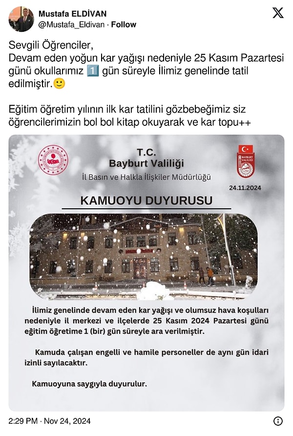 Bayburt Valisi Mustafa Eldivan'ın paylaşımı 👇