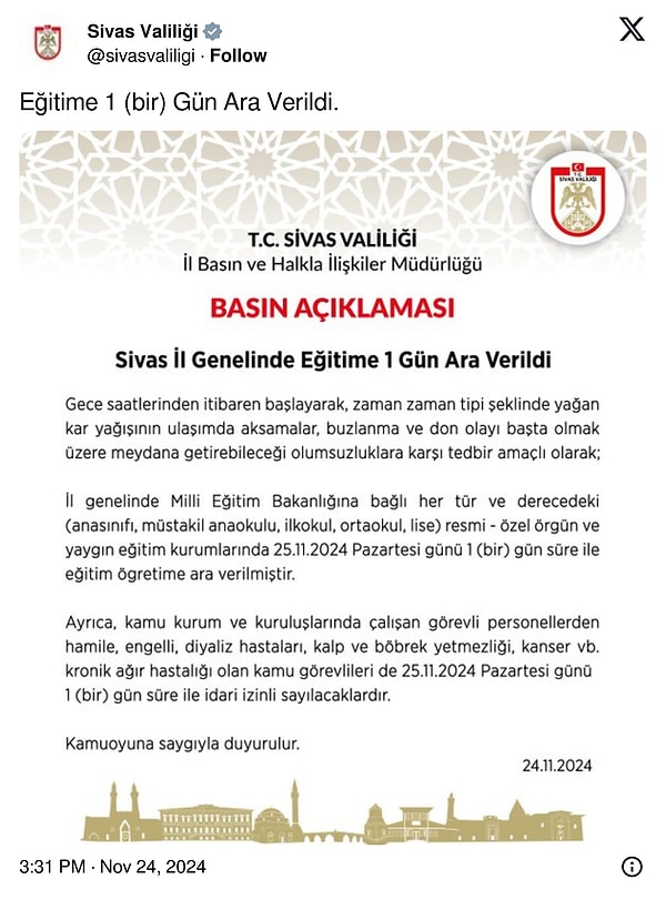 Sivas Valiliği'nin açıklaması 👇