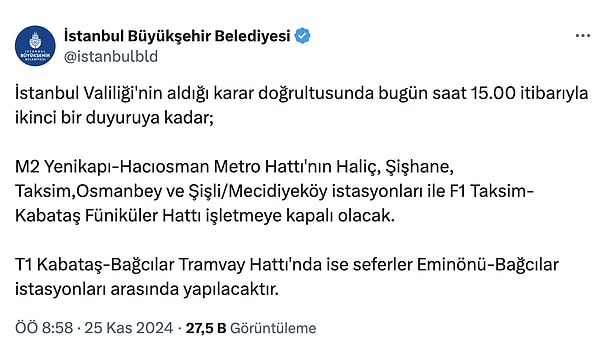 İstanbul Büyükşehir Belediyesi'nin internet sitesinden yapılan açıklama 👇🏻