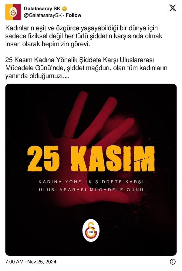 Galatasaray'da "Kadına Şiddete Hayır" hashtagiyle paylaşım yaptı.