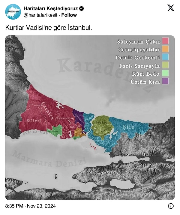 Twitter'da '@haritaIarikesif' isimli hesap "Kurtlar Vadisi'ne göre İstanbul" başlığıyla bir harita paylaştı. Haritada dizide hangi karakterin İstanbul'un hangi bölgesine hakim olduğu renklerle anlatılmıştı...