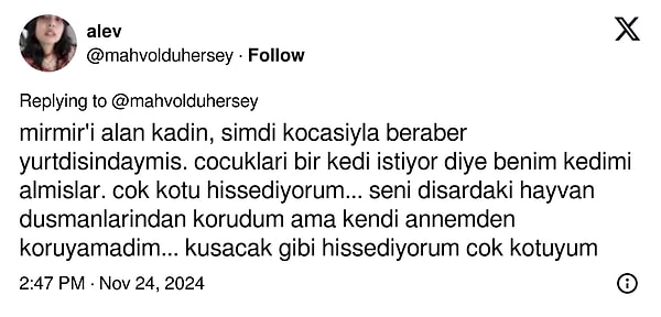 "Mırmır'ı alan kadın, şimdi kocasıyla birlikte yurt dışındaymış. Çocukları bir kedi istiyormuş diye benim kedimi almışlar. Çok kötü hissediyorum... Seni dışarıdaki hayvan düşmanlarından korudum ama kendi annemden koruyamadım... Kusacak gibi hissediyorum, çok kötüyüm"