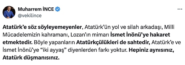 Memleket Partisi Genel Başkanı Muharrem İnce ise isim vermeden şu paylaşımı yaptı. Bu paylaşımın Ümit Özdağ'a yönelik olduğu çıkarımı yapıldı.