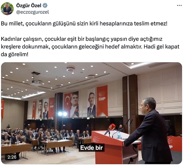 Çevre, Şehircilik ve İklim Değişikliği Bakanlığı, Milli Eğitim Bakanlığı'na bir yazı göndererek belediyelere ait kreşlerin kapatılması talebine CHP Genel Başkanı Özgür Özel, "Kadınlar çalışsın, çocuklar eşit bir başlangıç yapsın diye açtığımız kreşlere dokunmak, çocukların geleceğini hedef almaktır. Hadi gel kapat da görelim!" ifadeleri ile tepki gösterdi.