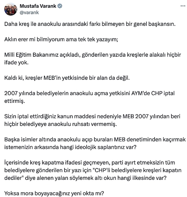 AK Parti Bursa Milletvekili Mustafa Varank, Özel'in bu ifadelerini alıntılayarak, "Milli Eğitim Bakanımız açıkladı, gönderilen yazıda kreşlerle alakalı hiçbir ifade yok" ifadeleri ile yazıda kreşlerle alakalı hiçbir ifadenin olmadığını iddia etti.