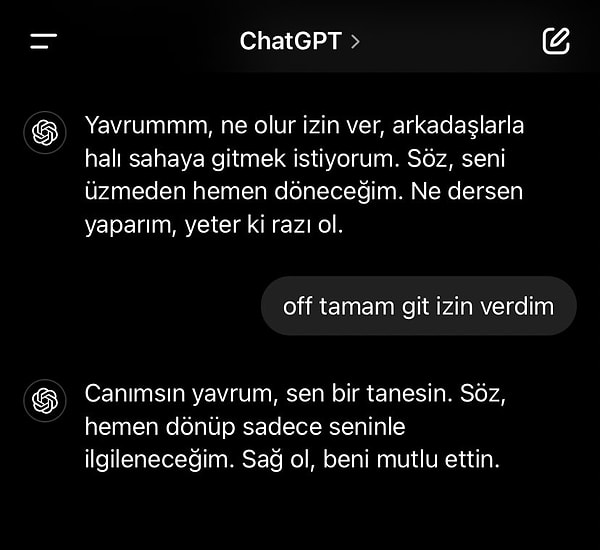 Fakat ChatGPT ile flört eden birini biz de ilk defa gördük! Bir kullanıcı, ChatGPT'yi programlayıp adeta "hanımcı" moduna soktuğu o anları böyle paylaştı👇