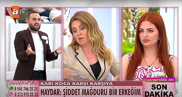 20. Esra Erol'un programında stüdyoda tansiyon yükseldi. Yayına eşi ile boşanmak için katılan konuğun sarf ettiği sözler Avukat Hülya Hanım'ı sinirlendirdi. "Şiddet mağduru bir erkeğim" diyen Haydar, İlayda ile tartışmasını Erola'a ve stüdyonun konuğu olan Avukat Hülya Hanım'a da yansıttı. Hülya Hanım'a söylediği sözler Avukat'ın yayını terk etmesine sebep oldu.