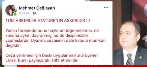 Sosyal medyada teğmenlere destek mesajı paylaşan Antalya Cumhuriyet Savcısı Mehmet Çağlayan'ın da açığa alındığı ortaya çıktı. Savcı Çağlayan, "Bu vatanı kuranların izinde olmanın bunlara sebep olacağını bilmiyordum. Bilseydim yine yapardım" ifadelerini kullandı.