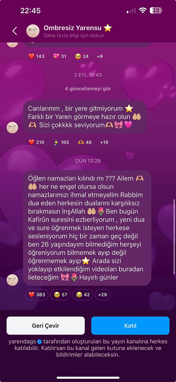 2 Eylül'de 'farklı bir Yaren' duyurusu yapan eski yarışmacı, o tarihten sonra ilk paylaşımını yaptı. Namazlarınızı ihmal etmeyin diyen Yaren, yeni dua ve sure öğrenmek için takipçilerini teşvik etti.