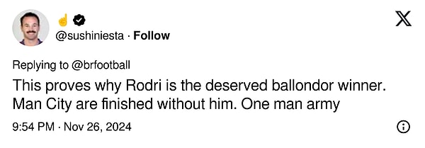 "Bu Rodri'nin neden Ballondor ödülünü hak ettiğini kanıtlıyor. Man City onsuz biter. Tek kişilik ordu"