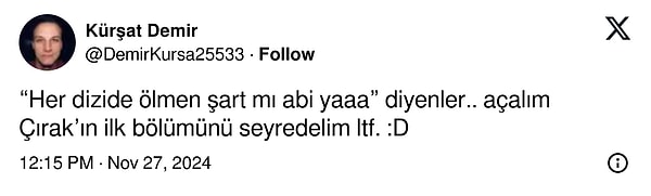 O goygoy dolu yorumlar kendisinin peşini pek bırakacak gibi gözükmüyor. Demir geçtiğimiz saatlerde bu dönen goygoy için bir paylaşım yaptı. Paylaşımında “Her dizide ölmen şart mı abi ya diyenler... Açalım Çırak’ın ilk bölümünü seyredelim lütfen" dedi.