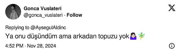 Peruklu kediyi çoktan sahiplenen ve kediyle özdeşleşen Gonca Vuslateri de geri kalmıyor, kedisini kaptırmıyor ve "Ya onu düşündüm ama arkadan topuzu yok🤷🏻♀️🧚♂️" cevabını veriyor.