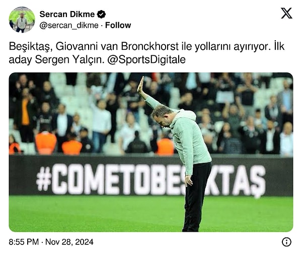 Muhabir Sercan Dikme ise Giovanni van Bronckhorst'un gönderileceğini ve ilk adayın Sergen Yalçın olduğunu duyurdu👇