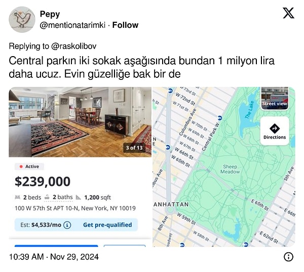 Gönderiye yorum yapan bir kullanıcı New York'ta Sivas'ta bulunan daireden 1 milyon lira daha ucuz daire buldu👇🏻