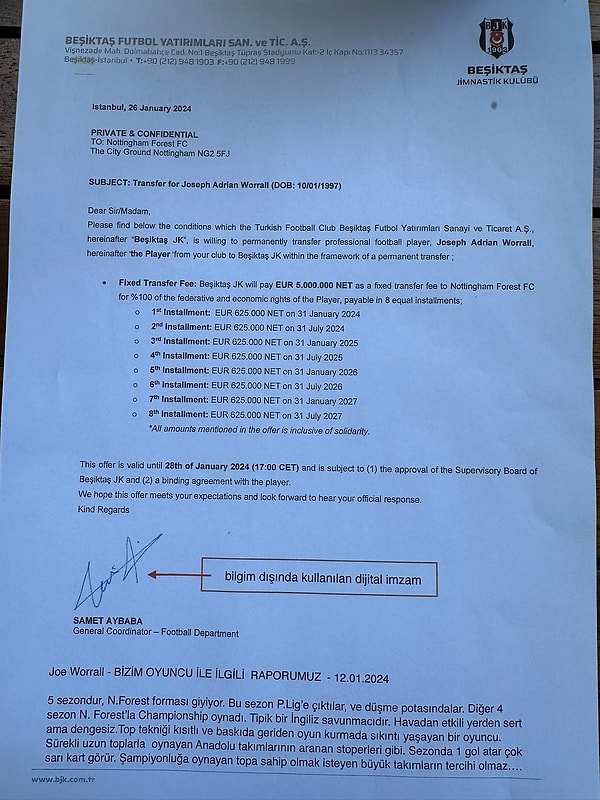 Fırat Günayer, gündem olan o teklif belgesini ''Joe Worall'a yapılan 5m euro'luk teklif ve Samet Aybaba'dan habersiz şekilde atılan dijital imza'' notuyla Twitter (X) hesabından paylaştı.