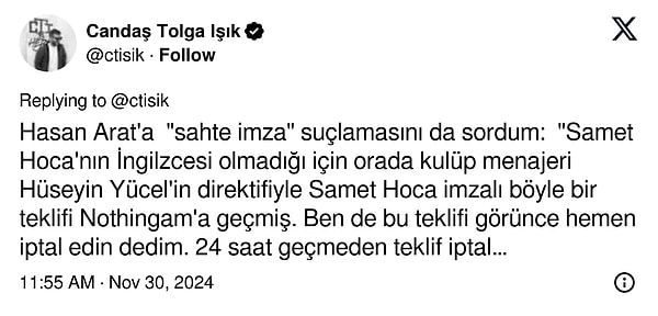 Samet Aybaba'nın ''Sahte imza'' suçlamasını da soran Candaş Tolga Işık, Hasan Arat'ın bu konuyla ilgili verdiği cevabı paylaştı👇