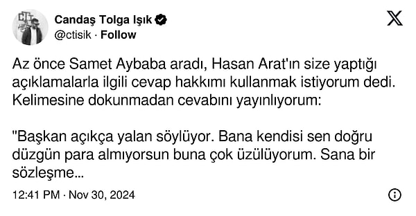 Candaş Tolga Işık'ın yaptığı son paylaşımı ve Samet Aybaba'nın verdiği cevabı şurada bulabilirsiniz👇