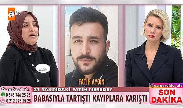 12. Esra Erol'da programında bir süredir Fatih Aydın kaybı araştırılıyor. 21 yaşındaki oğlunun bulunması için anne Rabia Aydın, Esra Erol'a başvurmuştu. Ancak 4,5 aydır kayıp olan Fatih'ten hiçbir iz bulunamadı. Uzun süredir devam eden yayınlarda sonuç alınamayınca izleyici isyan etti. Yayına bağlananlar annenin bir şeyler sakladığını iddia ederek artık itiraf etmesini istedi. Sonunda ise bir izleyici Esra Erol'da Fatih'i bulana para ödülü vereceğini açıkladı.