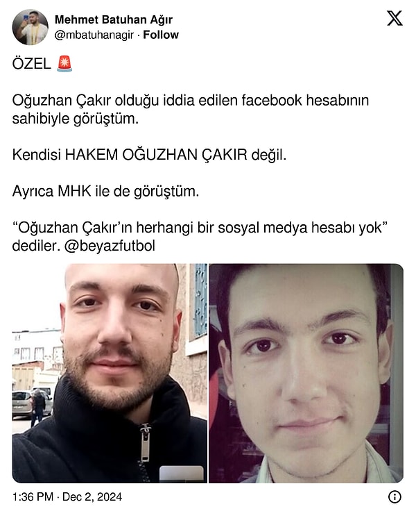 Ağır, paylaşımları yapan kişinin hakem Oğuzhan Çakır olmadığını ve MHK'dan "hakemin sosyal medya hesabı yok" yanıtını aldığını ifade etti. 👇