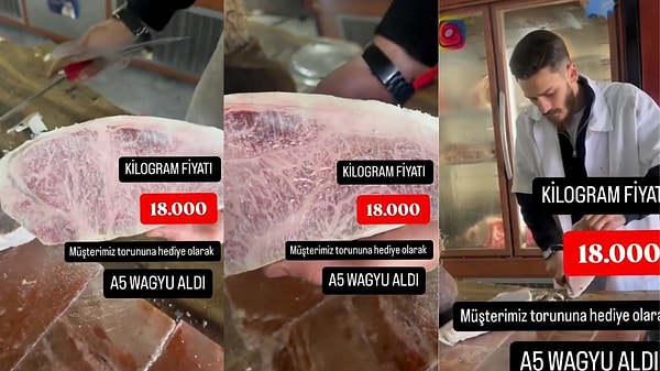 İzmir'de özel üretim olan Wagyu eti satışı yapan bir kasaba giden yaşlı edam, torunu için 1 kilosu 18 bin lira olan A5 Wagyu etinden satın aldı.