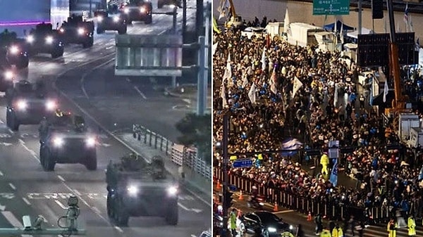 Sıkı yönetim kararı sonrası ordu tanklar eşliğinde başkent Seul'e girdi. Halk ise sıkıyönetim kararına karşı çıkmak için sokaklara çıktı.