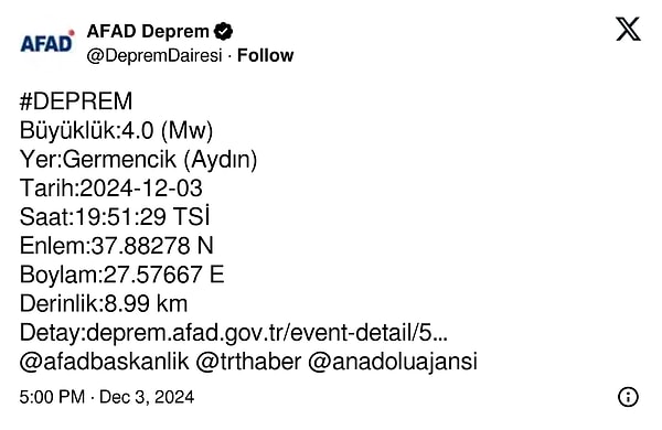 AFAD’ın deprem paylaşımı 👇