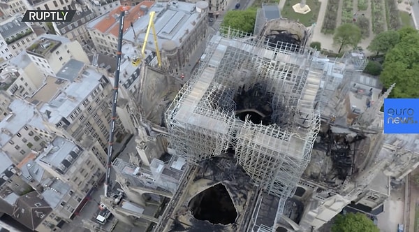 The extent of the damage to Notre Dame became evident when viewed from above.