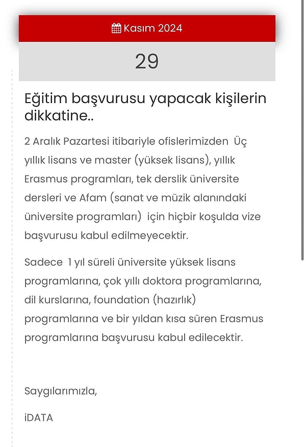 Türkiye'de İtalya vizesi için tek yetkili kurum olarak iData, İtalya'da üniversite okumak isteyen öğrenciler için vize başvurusu almayı durdurduğunu açıkladı.