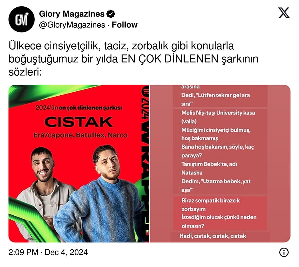 Herkes son günlerde yıl boyunca beklediği Spotify karnesine kavuşmanın sevincini yaşarken, Türkiye'nin en çok dinlenen şarkısı olan 'Cıstak' tartışma konusu olmuştu.