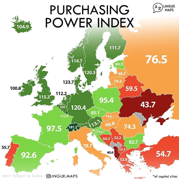 3. Avrupa'da satın alma gücünü gösteren bir harita.