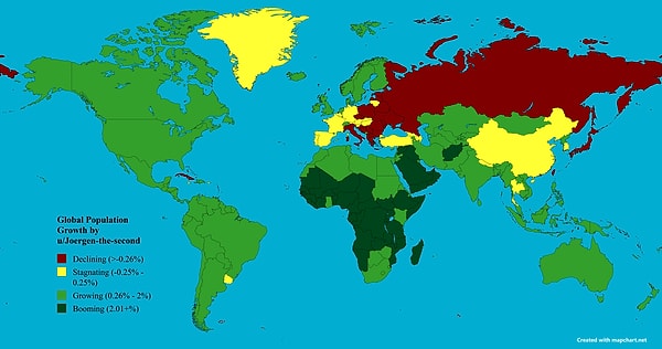 5. Dünya nüfus artışına göre renklendirilmiş bir harita.