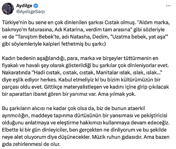 Aydilge'nin "gıda zehirlenmesi" olarak adlandırdığı ve şarkının sözlerini yerden yere vurduğu o tepkisini şöyle bırakalım...