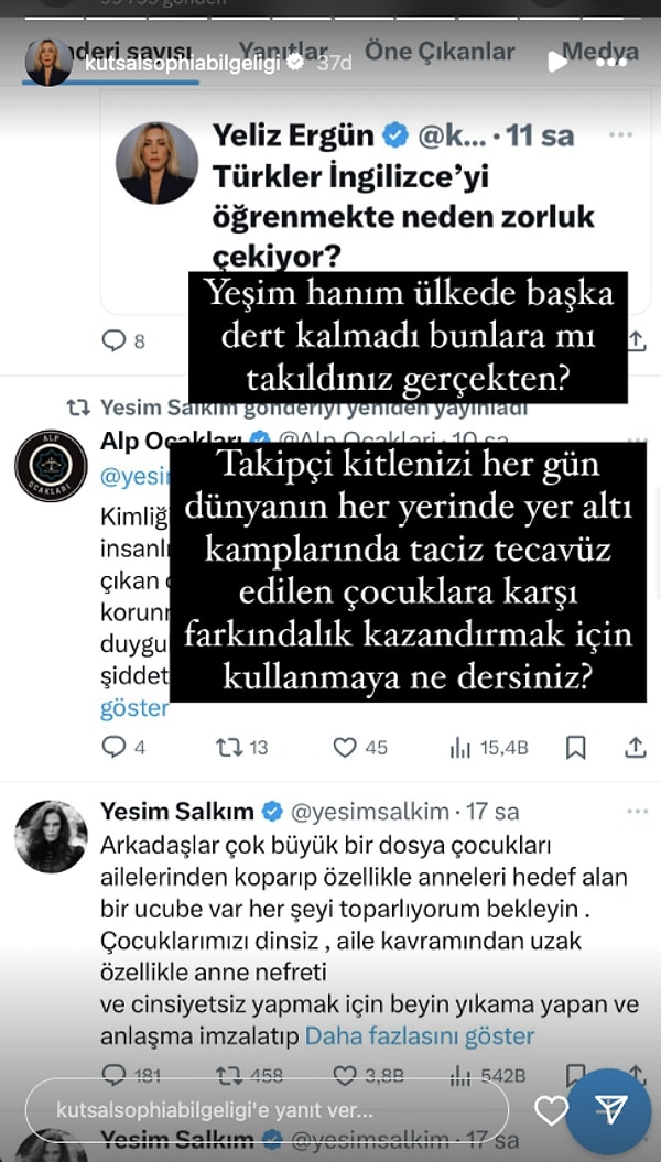 Yeşim Salkım'ın kısa sürede ses getiren paylaşımı sonrası cevap veren Ergün'se "Yeşim hanım ülkede başka dert kalmadı bunlara mı takıldınız gerçekten?" diyerek tepki gösterdi.