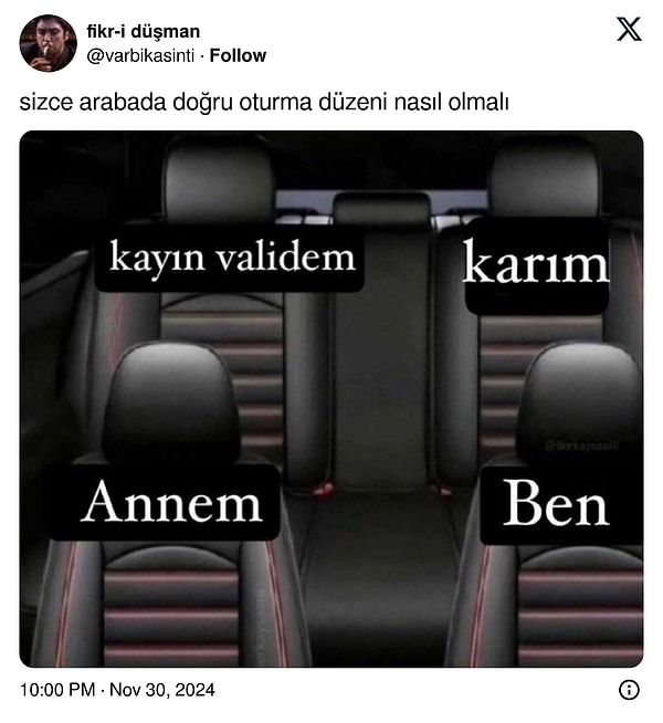 @varbikasinti adlı Twitter (X) kullanıcısı, ''Sizce arabada doğru oturma düzeni nasıl olmalı?'' diye bir soru sordu.