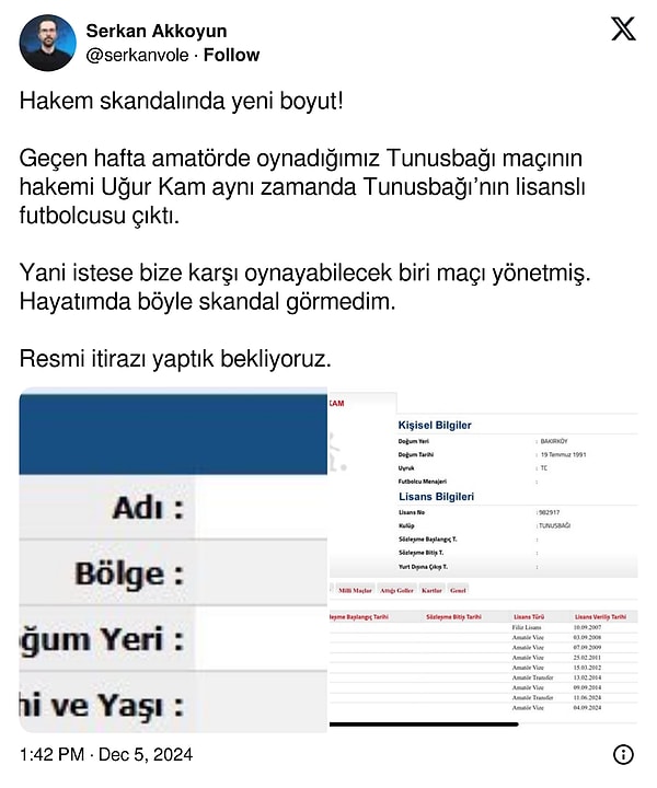 Skandalı ortaya çıkaran isim, Erenköy Acar'da yöneticilik yapan ve aynı zamanda Vole'de spor yorumcusu olarak çalışan Serkan Akkoyun oldu. Twitter (X) hesabından skandalı paylaşan Akkoyun, maçın hakemi Uğur Kam'ın lisans bilgilerini paylaşarak itirazda bulunduklarını söyledi👇