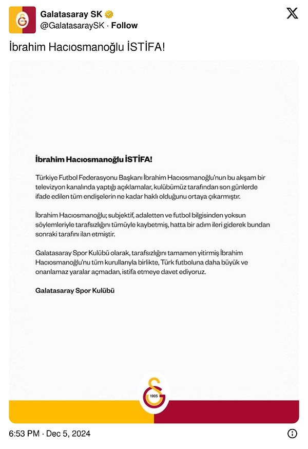 Canlı yayın devam ederken bir açıklama yayınlayan Galatasaray Spor Kulübü, TFF Başkanı İbrahim Hacıosmanoğlu'nun tarafsızlığını yitirdiğini gerekçe göstererek istifa çağrısında bulundu👇