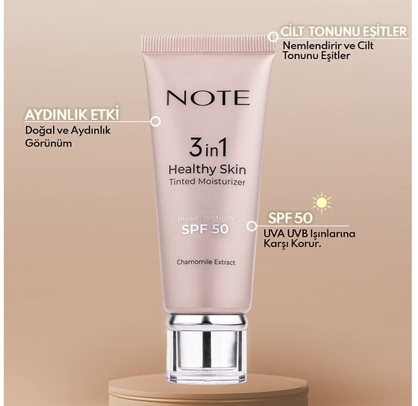 Note 3 in 1 Healthy Skin Tinted Moisturizer SPF 50, cildiniz için çok yönlü bir bakım sunuyor.