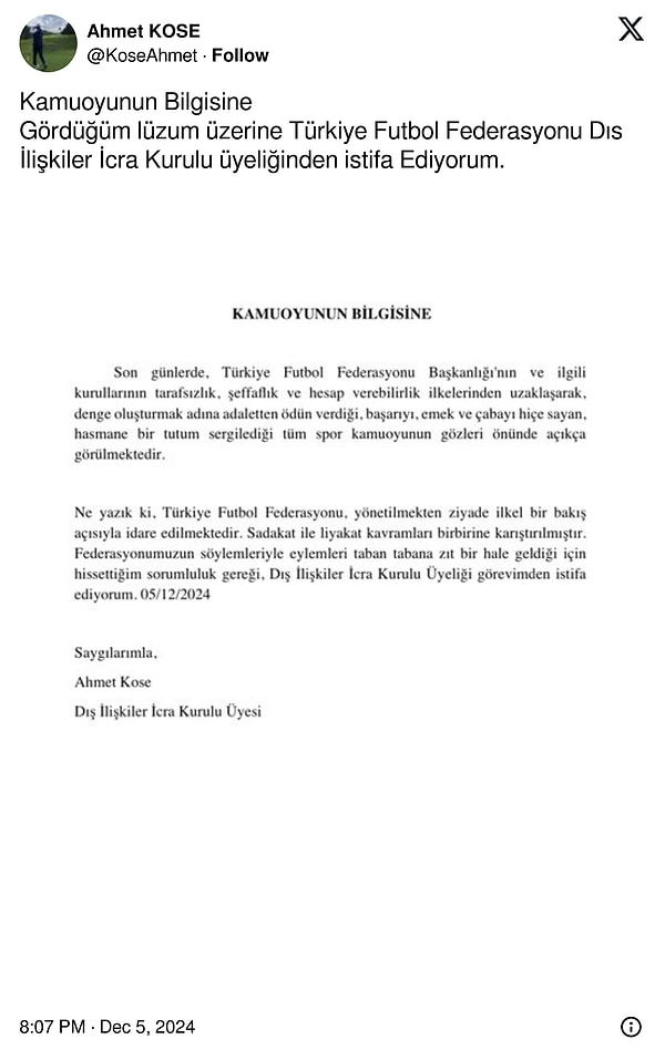 Ahmet Köse istifasını, ''Gördüğüm lüzum üzerine Türkiye Futbol Federasyonu Dış İlişkiler İcra Kurulu üyeliğinden istifa Ediyorum.'' notuyla paylaştı👇