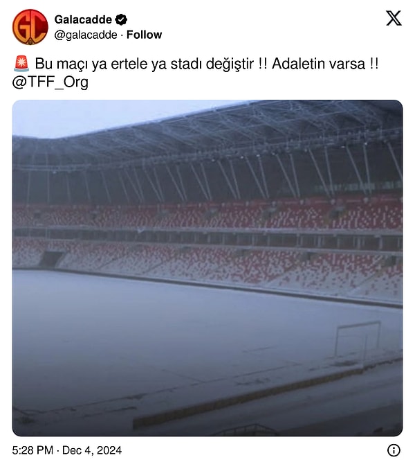 Bir Galatasaray taraftarı, stadın karla kaplı görüntüsünü paylaşarak maçın ertelenmesi veya başka bir stadyumda oynanması için TFF'ye çağrıda bulundu.