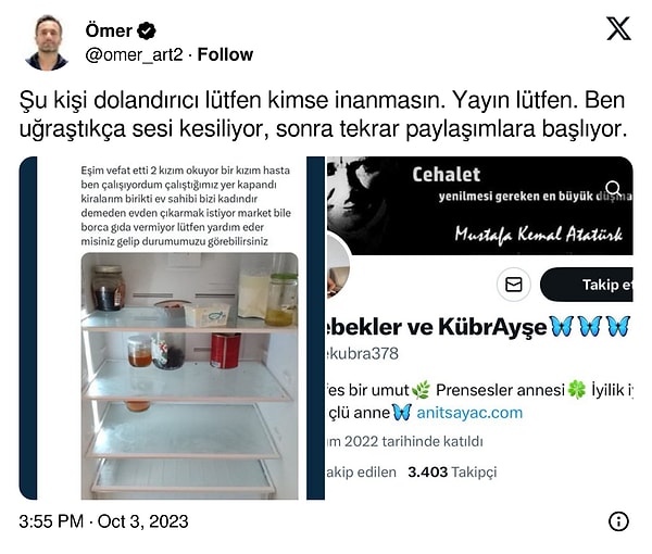 Başka bir sosyal medya kullanıcısı bu kişiyi 2023 yılında ifşa ettiğini ve bir süre sesinin kısıldığını söyledi. Fakat ortadan kaybolup unutulduktan sonra paylaşımlarına yeni bir isimle devam ediyor.