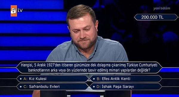 "Hangisi 5 Aralık 1927'den itibaren günümüze dek dolaşıma çıkarılmış Türkiye Cumhuriyeti baknotlarının arka veya ön yüzlerinde tasvir edilmiş mimari yapılardan değildir?" sorusuna yanıt vermekte zorlanan Bülbül, yarışmadan çekilerek 100 bin TL ile evine dönme kararı alırken eğer devam etseydi ne cevap vereceğini belirtti.